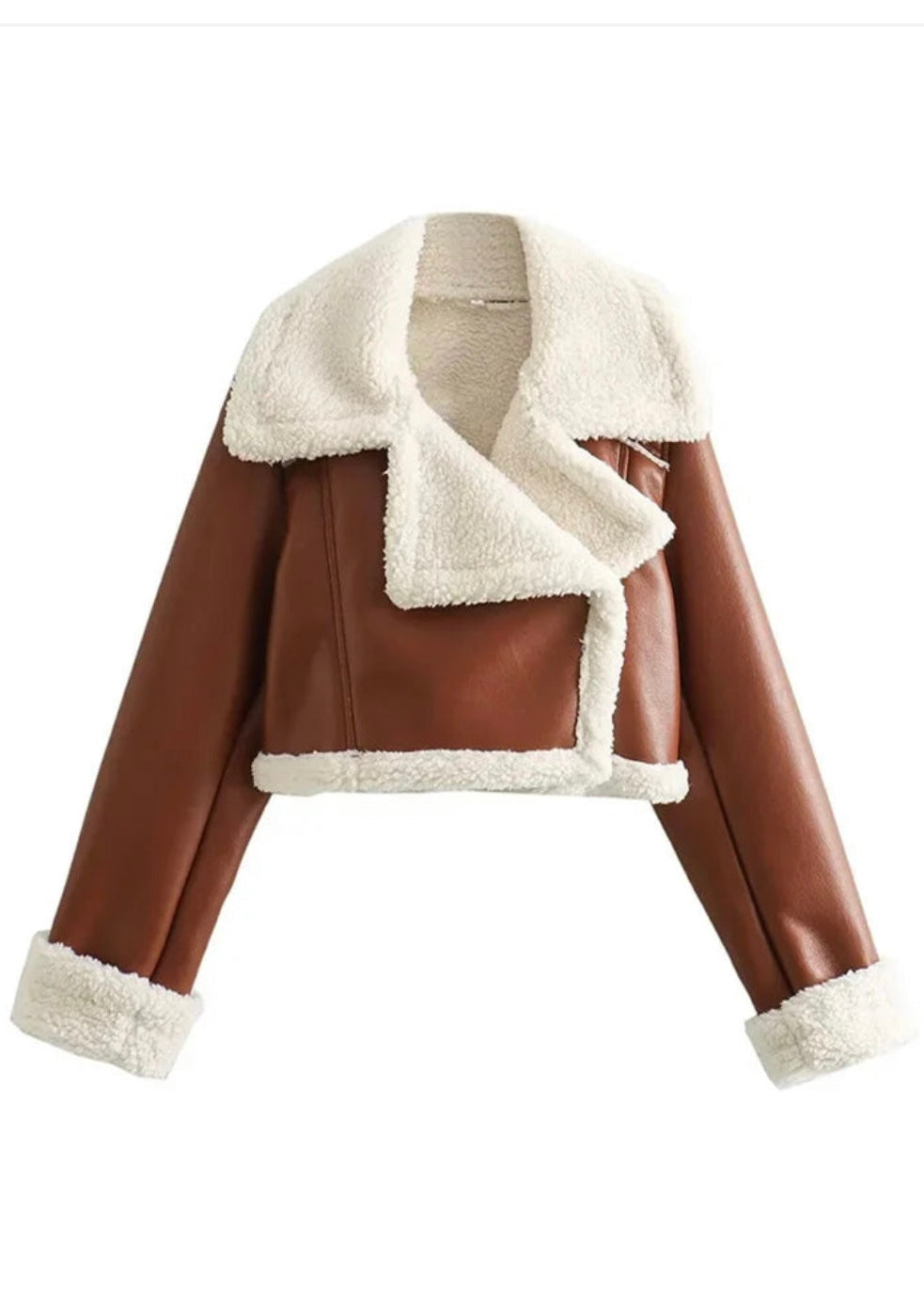 Brown cropped faux Fur leather jacket For Women