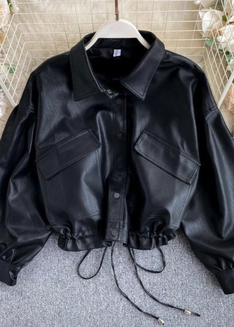 Black Faux Leather Cropped Jacket For Women