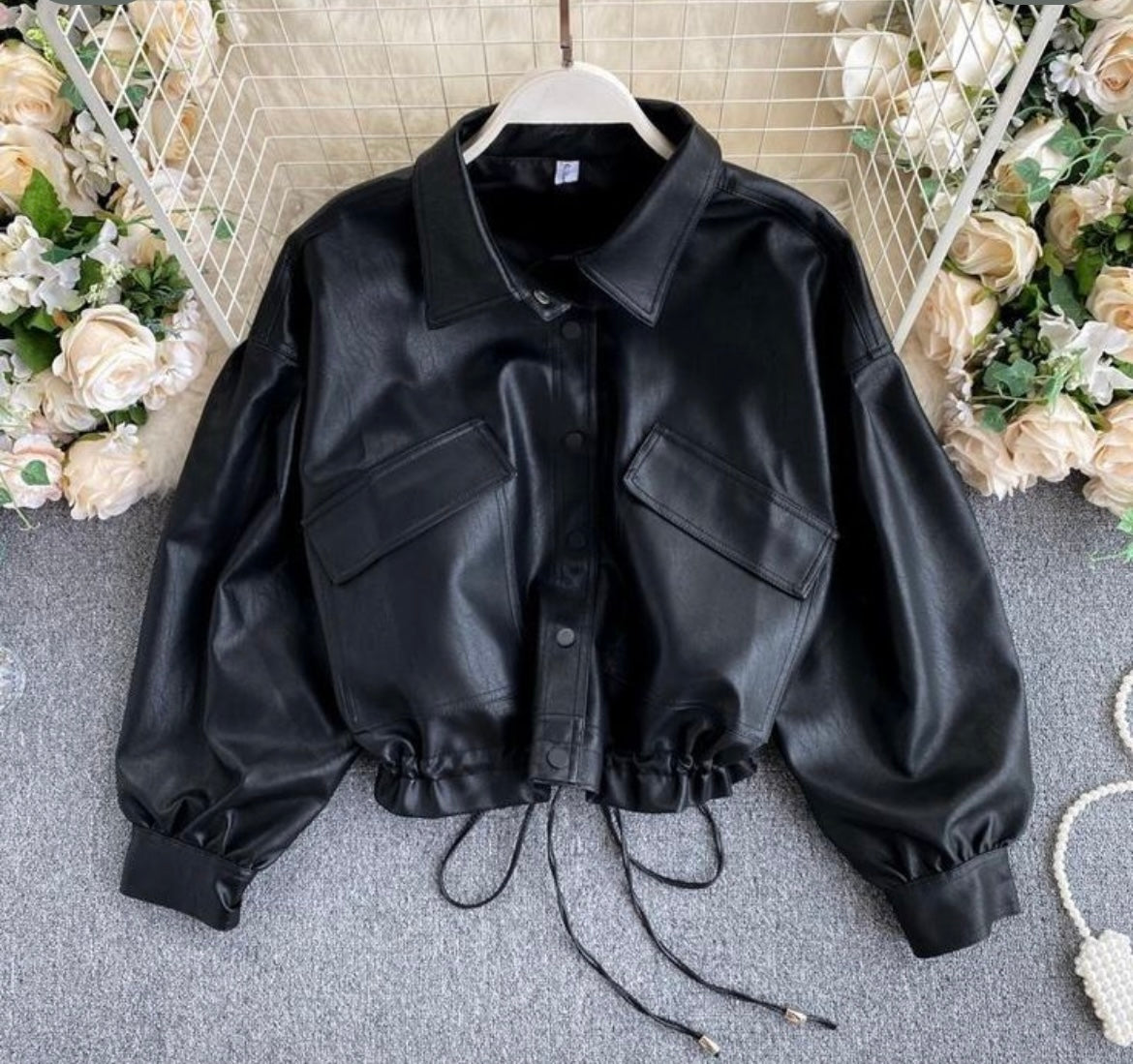 Black Faux Leather Cropped Jacket For Women