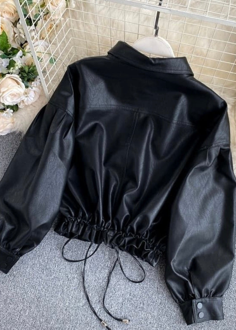 Black Faux Leather Cropped Jacket For Women