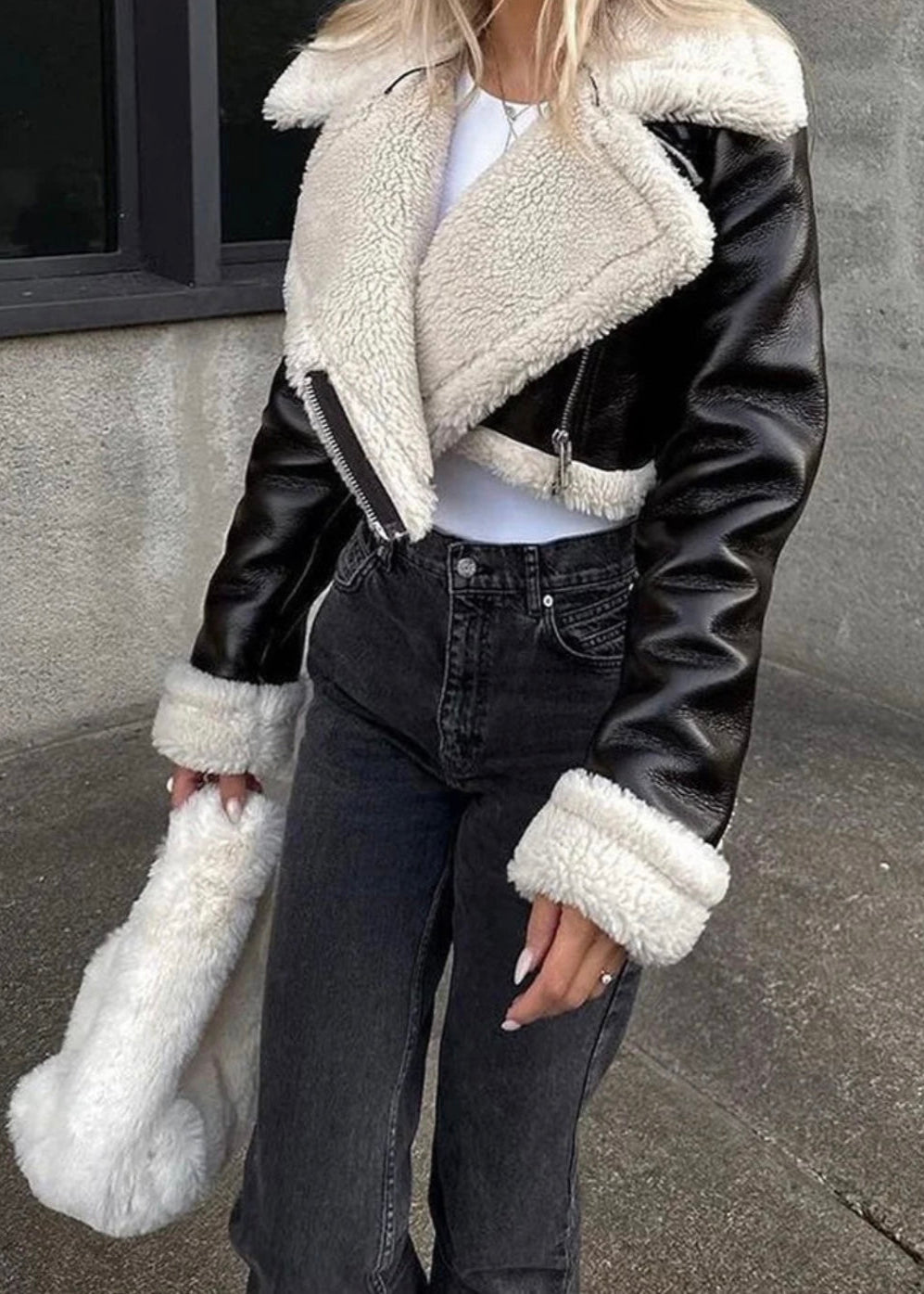 Black cropped faux Fur leather jacket For Women