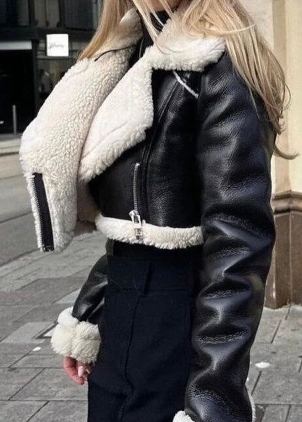 Black cropped faux Fur leather jacket For Women