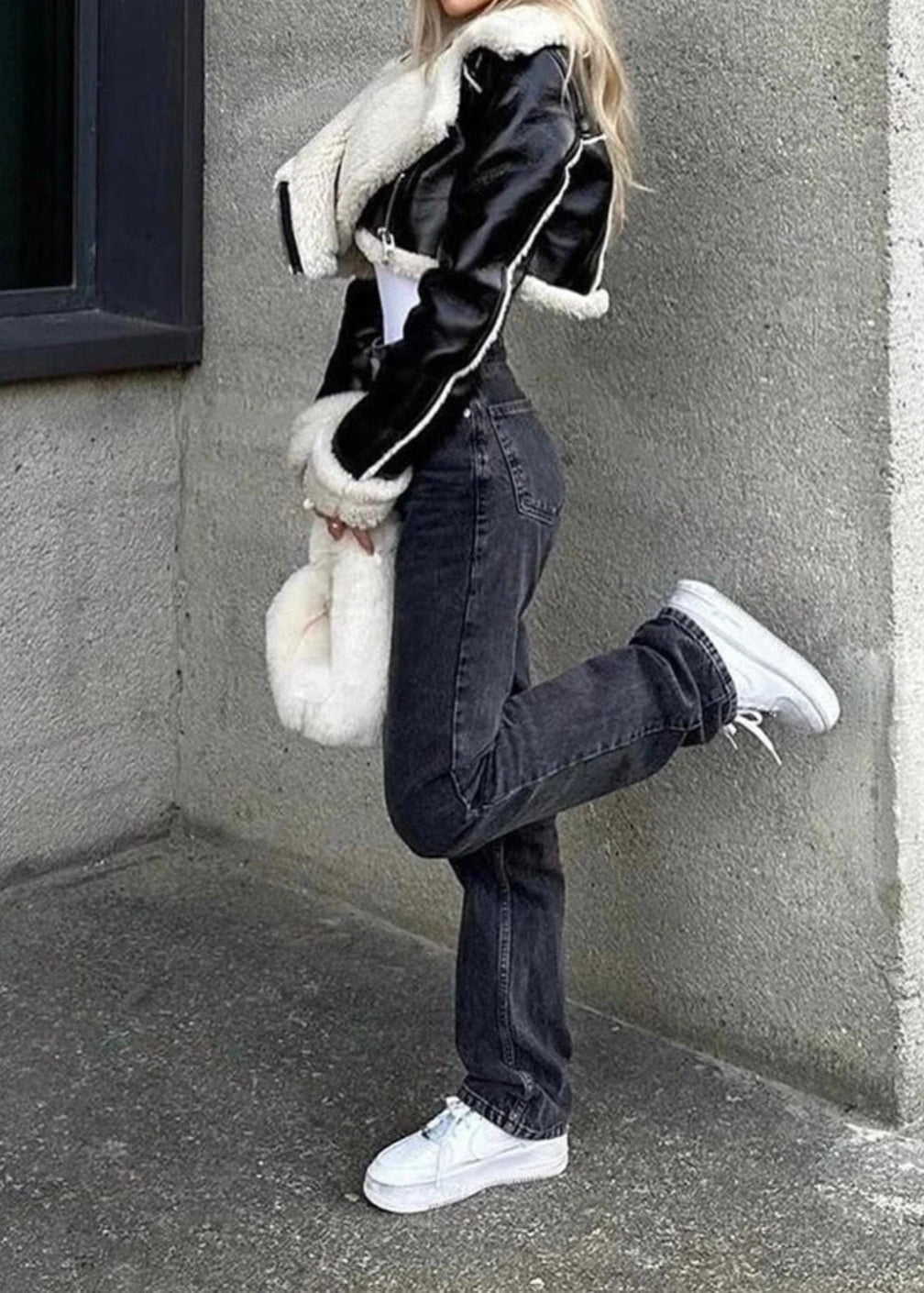 Black cropped faux Fur leather jacket For Women