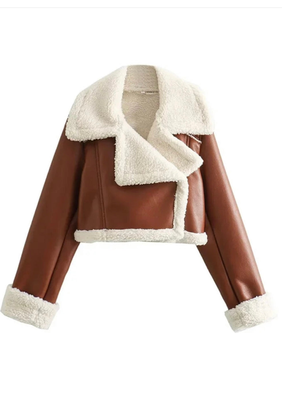 Brown cropped faux Fur leather jacket For Women