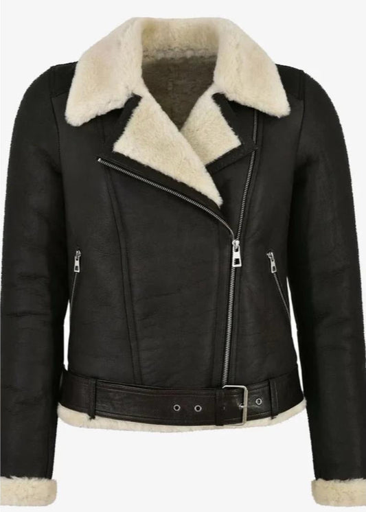Black Women’s Leather Jacket with White Fur – 100% Genuine Sheep Leather Winter Coat with Soft Faux Fur Collar and Warm Lining
