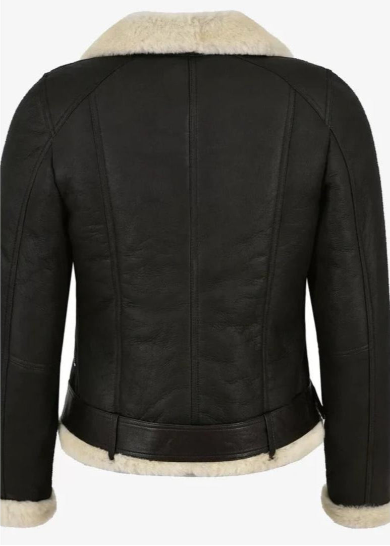 Black Women’s Leather Jacket with White Fur – 100% Genuine Sheep Leather Winter Coat with Soft Faux Fur Collar and Warm Lining