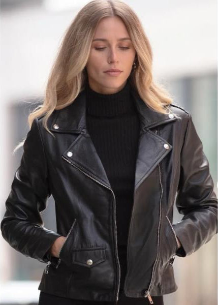 Black Women’s Leather Jacket – 100% Genuine Sheep Leather Slim Fit &with Front Zip Closure, Soft Inner Lining, and Timeless Urban Edge