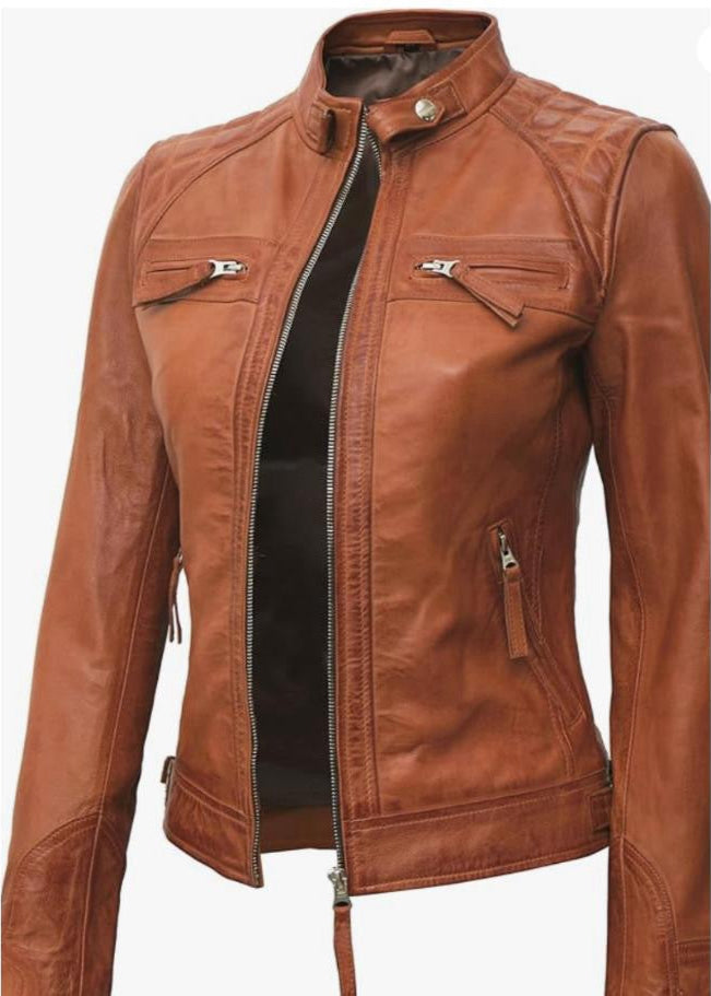 Brown Women’s Leather Jacket – 100% Genuine Sheep Leather Slim Fit Outerwear with Front Zip Closure And Soft Inner Lining