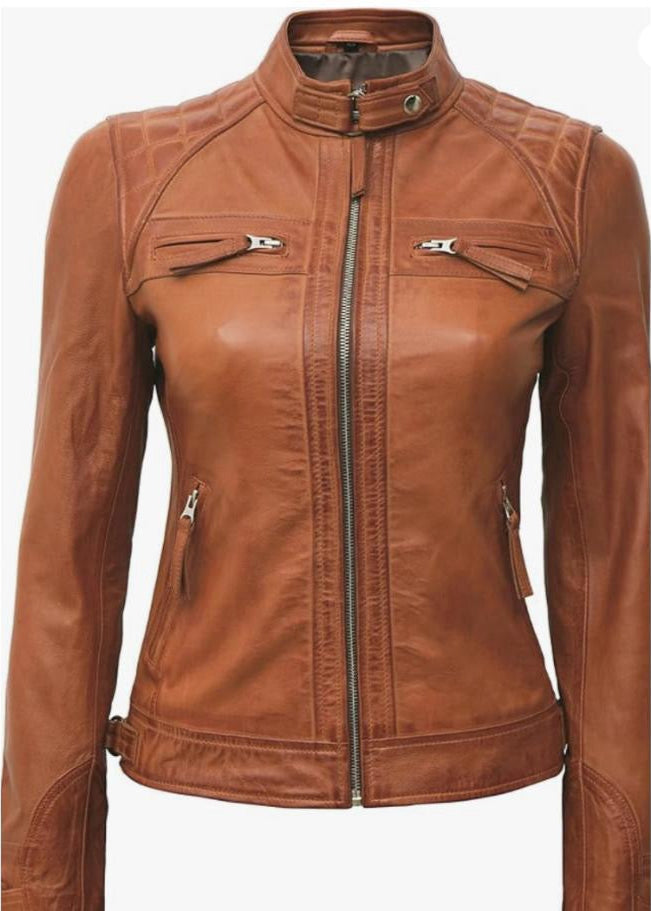 Brown Women’s Leather Jacket – 100% Genuine Sheep Leather Slim Fit Outerwear with Front Zip Closure And Soft Inner Lining