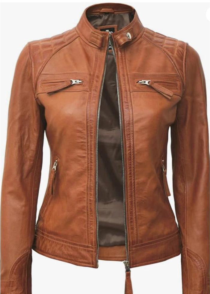 Brown Women’s Leather Jacket – 100% Genuine Sheep Leather Slim Fit Outerwear with Front Zip Closure And Soft Inner Lining
