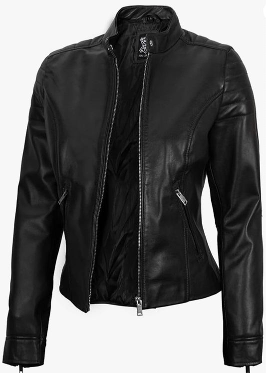 Black Women’s Leather Jacket – 100% Genuine Sheep Leather Slim Fit &with Front Zip Closure, Soft Inner Lining, and Timeless Urban Edge