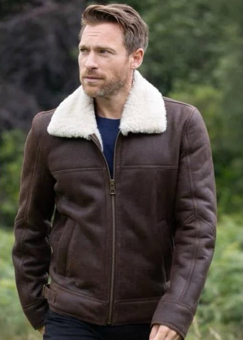 Brown Fur Men’s Leather Jacket – 100% Genuine Sheep Leather Winter Jacket with Soft Fur Lining, Classic Fit, and Durable Zip Closure