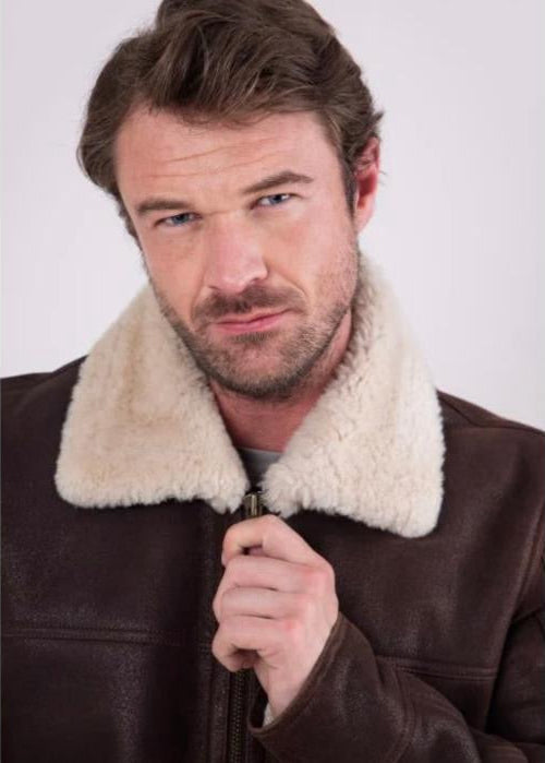 Brown Fur Men’s Leather Jacket – 100% Genuine Sheep Leather Winter Jacket with Soft Fur Lining, Classic Fit, and Durable Zip Closure