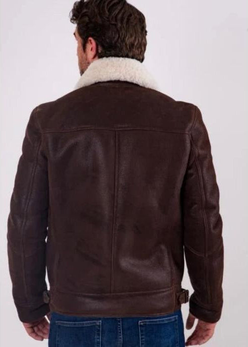Brown Fur Men’s Leather Jacket – 100% Genuine Sheep Leather Winter Jacket with Soft Fur Lining, Classic Fit, and Durable Zip Closure