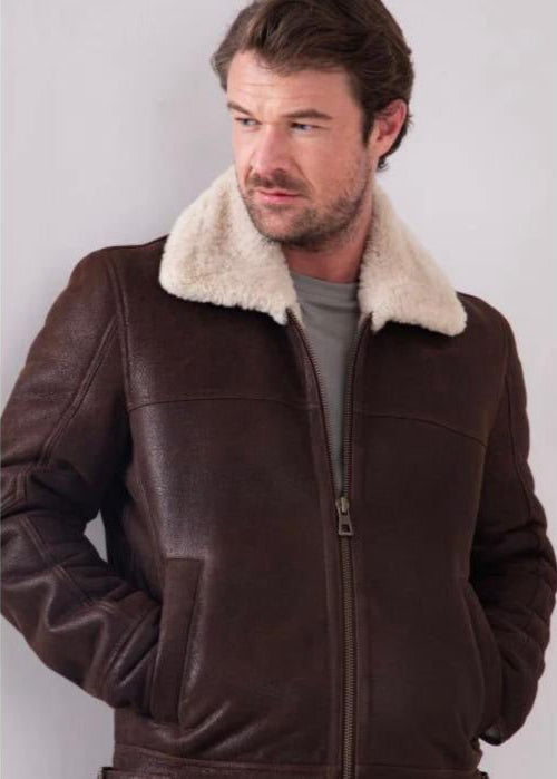 Brown Fur Men’s Leather Jacket – 100% Genuine Sheep Leather Winter Jacket with Soft Fur Lining, Classic Fit, and Durable Zip Closure
