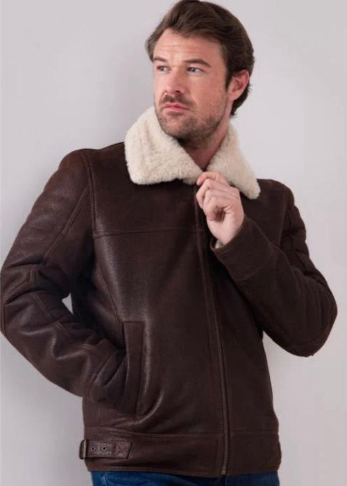 Brown Fur Men’s Leather Jacket – 100% Genuine Sheep Leather Winter Jacket with Soft Fur Lining, Classic Fit, and Durable Zip Closure
