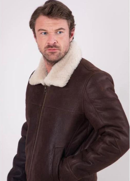 Brown Fur Men’s Leather Jacket – 100% Genuine Sheep Leather Winter Jacket with Soft Fur Lining, Classic Fit, and Durable Zip Closure