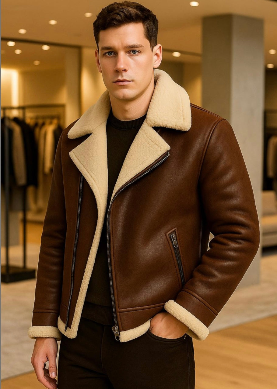 Brown Fur Men’s Sheepskin Leather Jacket
