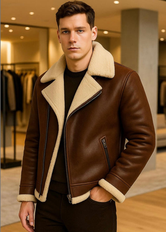 Brown Fur Men’s Sheepskin Leather Jacket