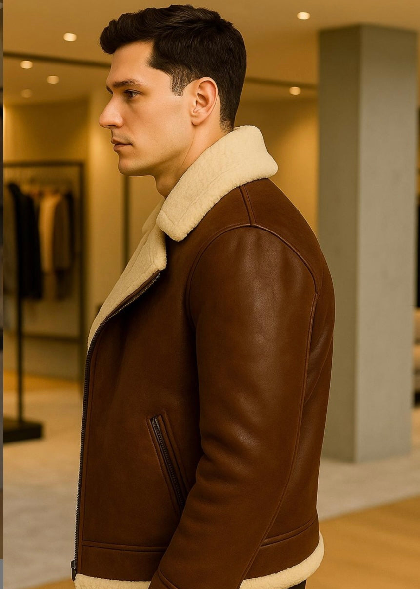 Brown Fur Men’s Sheepskin Leather Jacket
