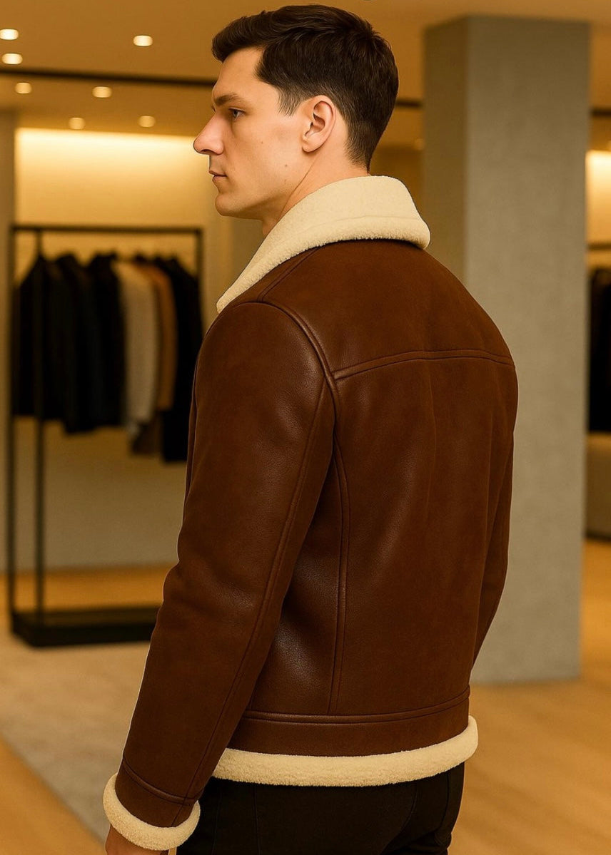 Brown Fur Men’s Sheepskin Leather Jacket