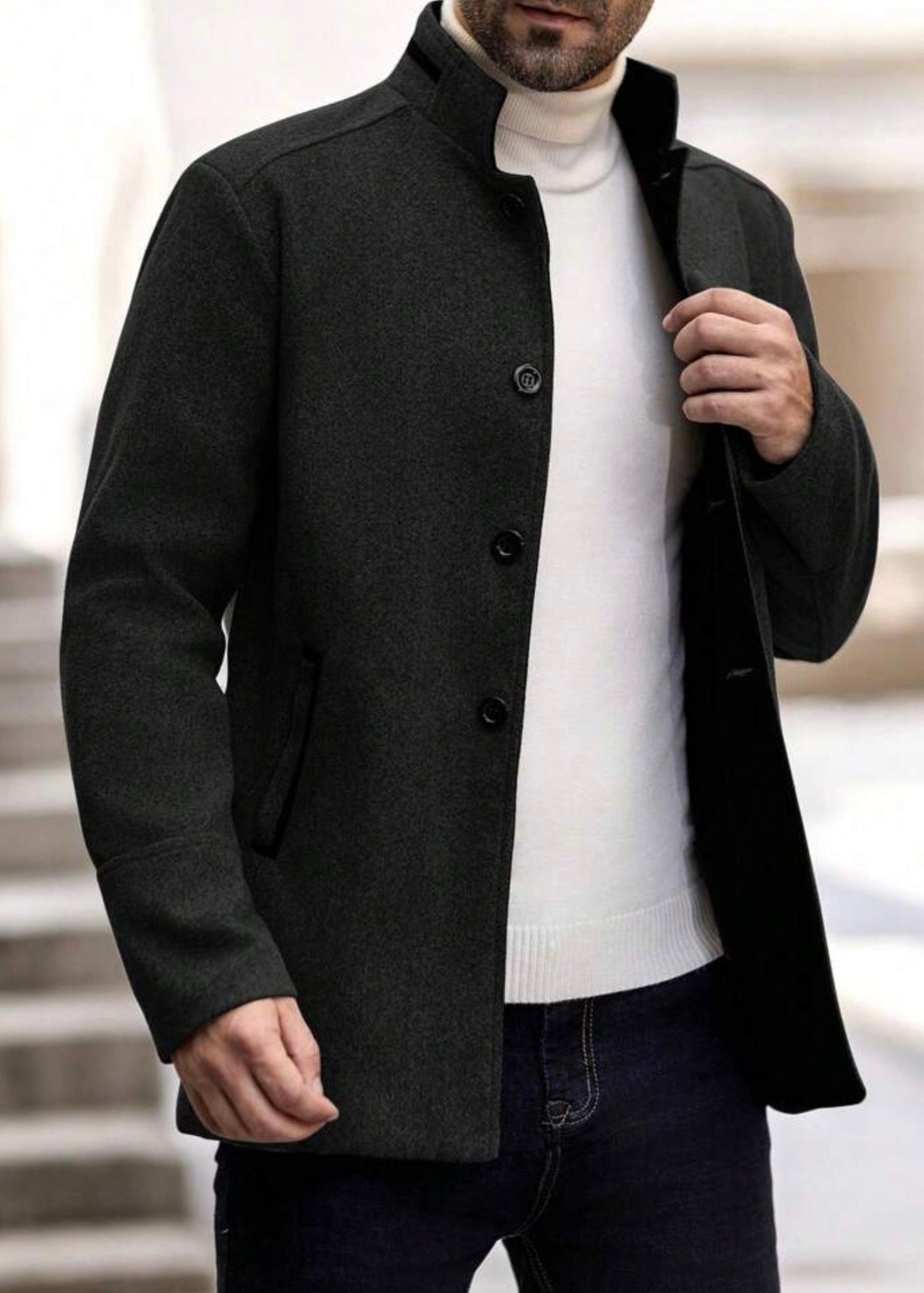 Men’s Charcoal Wool Blend Stand Collar Coat