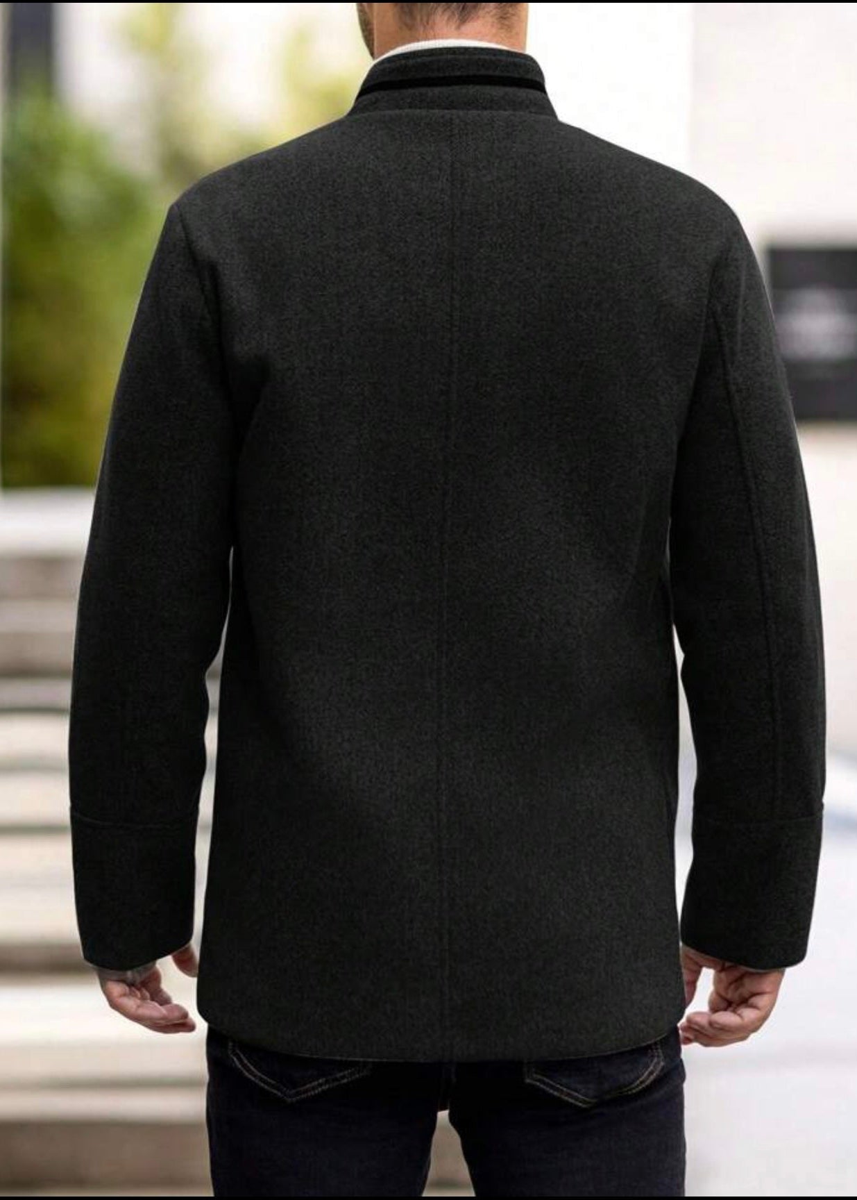 Men’s Charcoal Wool Blend Stand Collar Coat