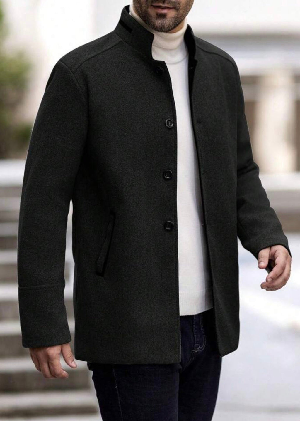 Men’s Charcoal Wool Blend Stand Collar Coat