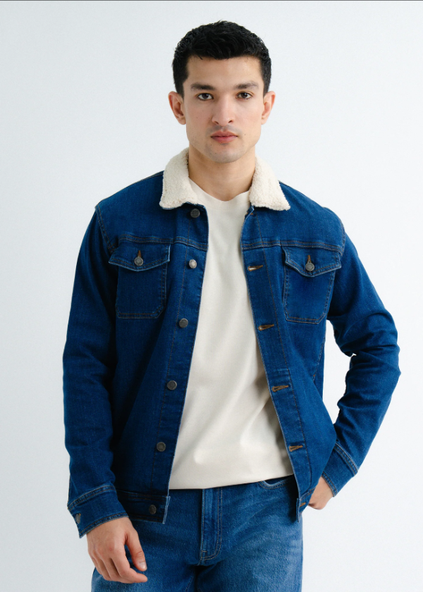 Blue Denim Jacket with Faux Fur Collar For Men