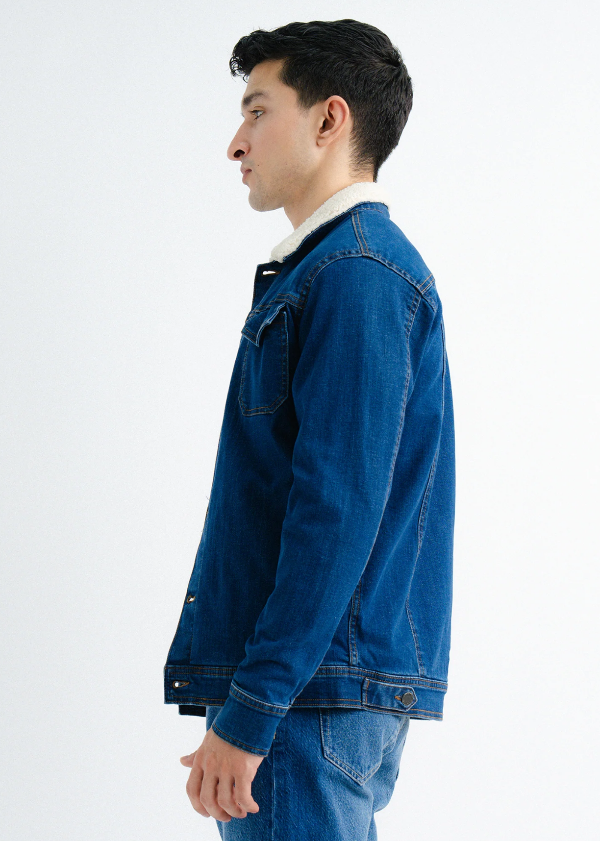 Blue Denim Jacket with Faux Fur Collar For Men