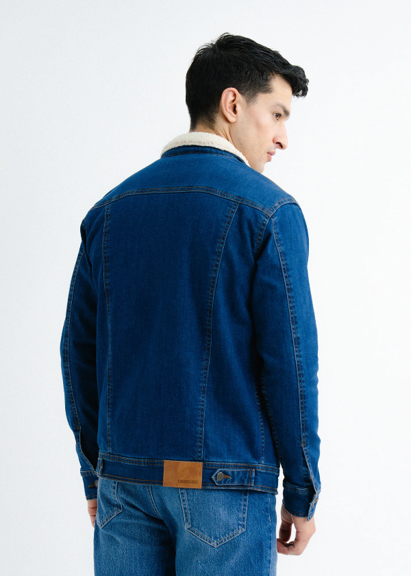 Blue Denim Jacket with Faux Fur Collar For Men