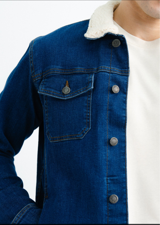 Blue Denim Jacket with Faux Fur Collar For Men