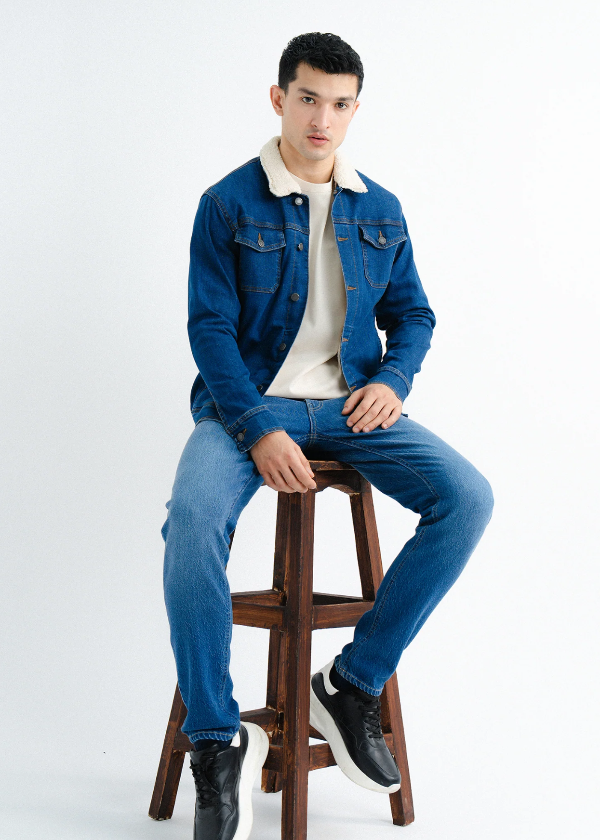 Blue Denim Jacket with Faux Fur Collar For Men