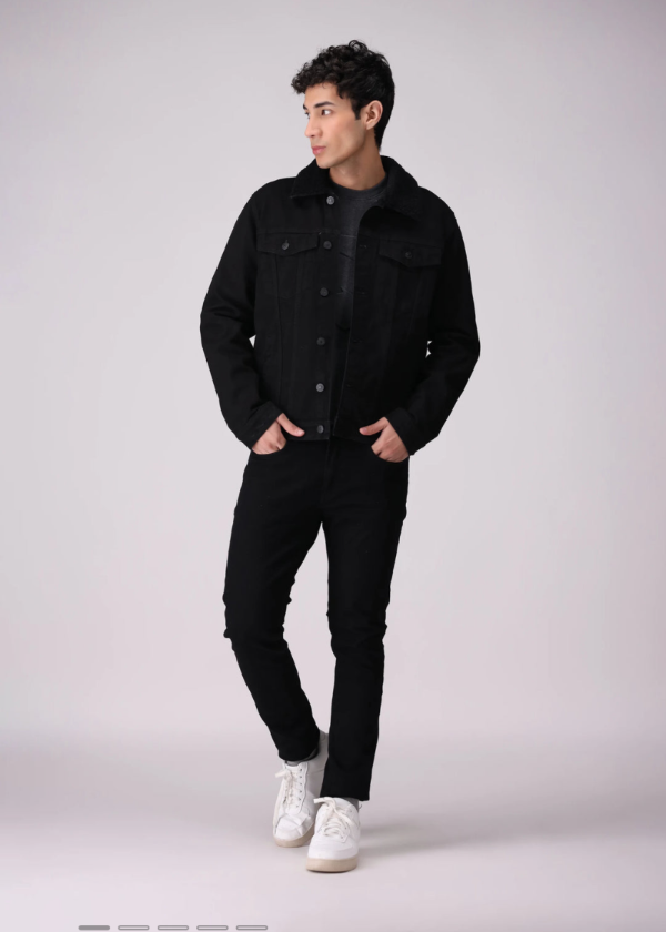 Black Denim Jacket With Fur On Collar For Men