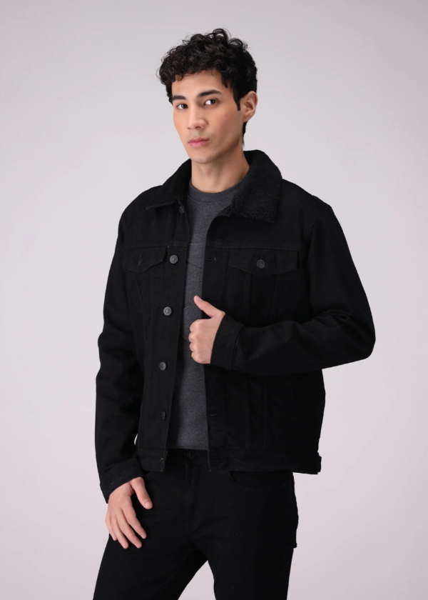 Black Denim Jacket With Fur On Collar For Men