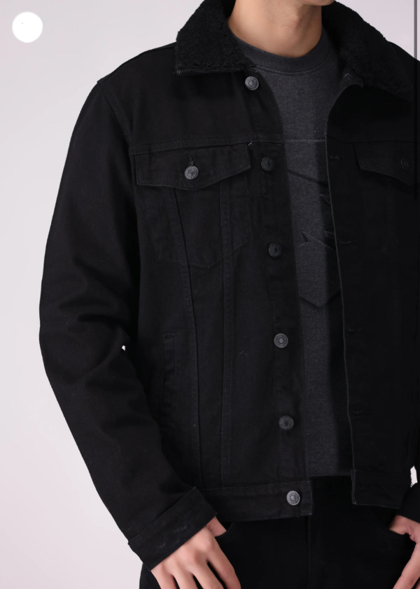 Black Denim Jacket With Fur On Collar For Men
