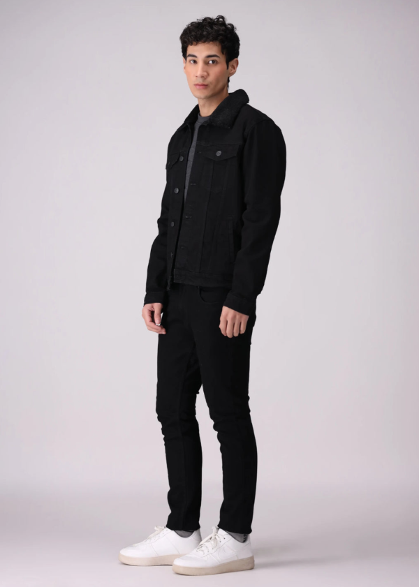 Black Denim Jacket With Fur On Collar For Men