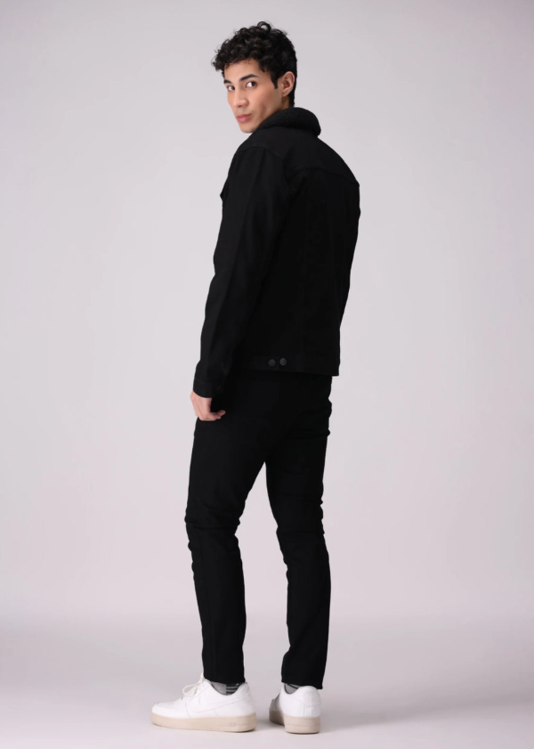Black Denim Jacket With Fur On Collar For Men