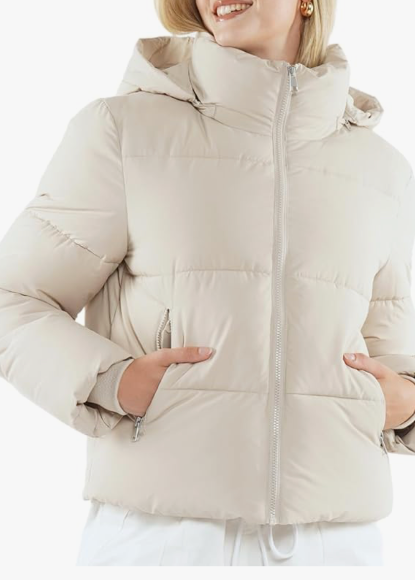 Cream Puffer Jacket with Hood For Women