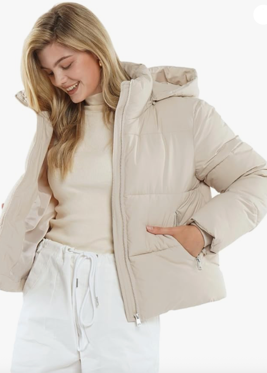 Cream Puffer Jacket with Hood For Women