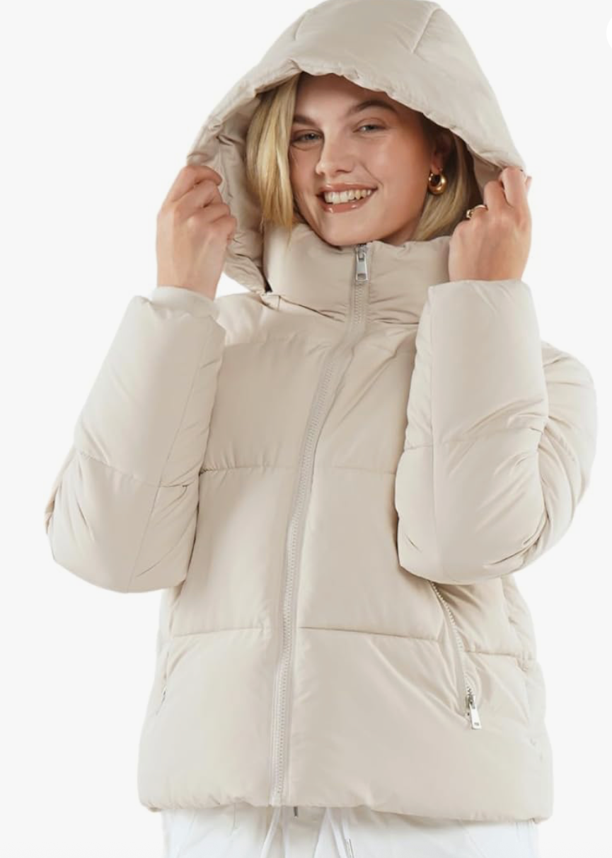 Cream Puffer Jacket with Hood For Women