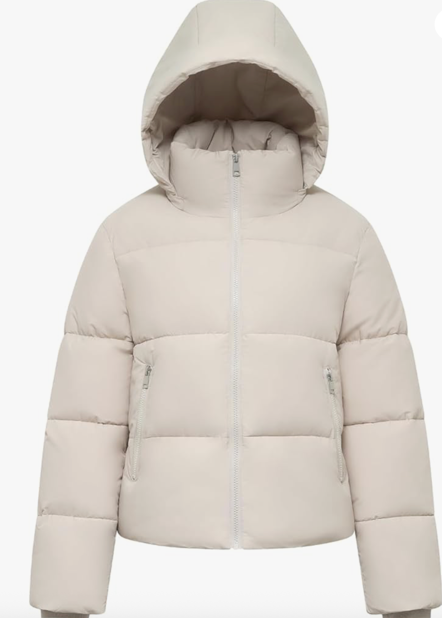 Cream Puffer Jacket with Hood For Women