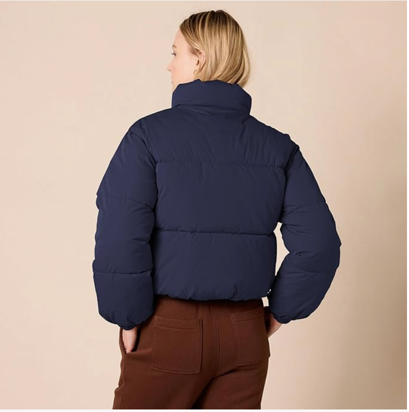 Navy Cropped Puffer Jacket For Women