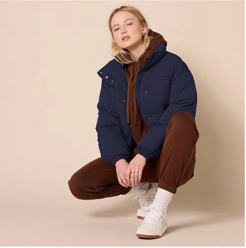 Navy Cropped Puffer Jacket For Women