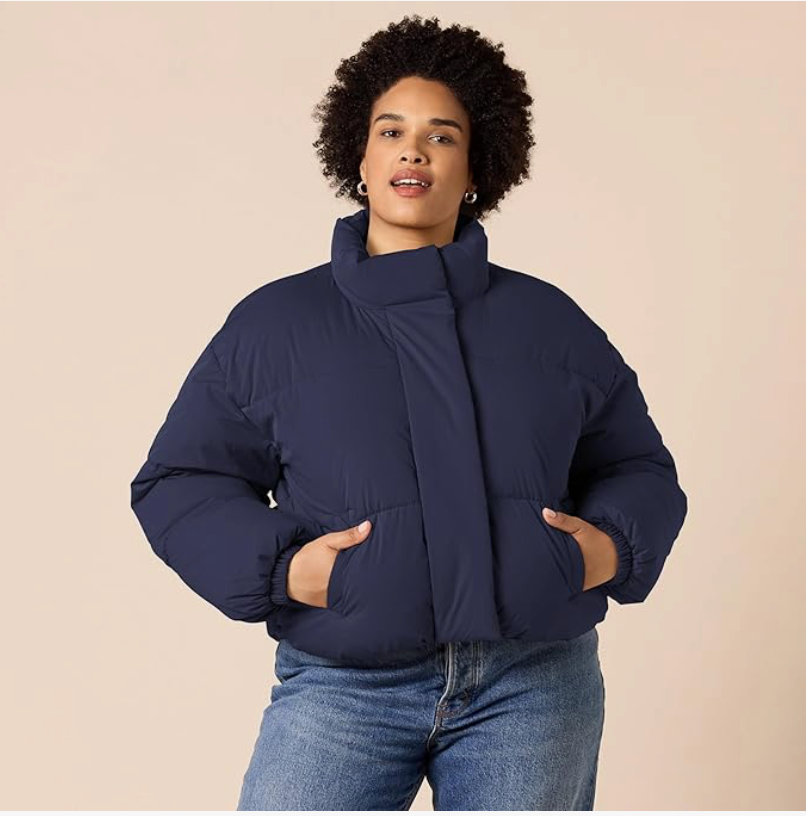 Navy Cropped Puffer Jacket For Women