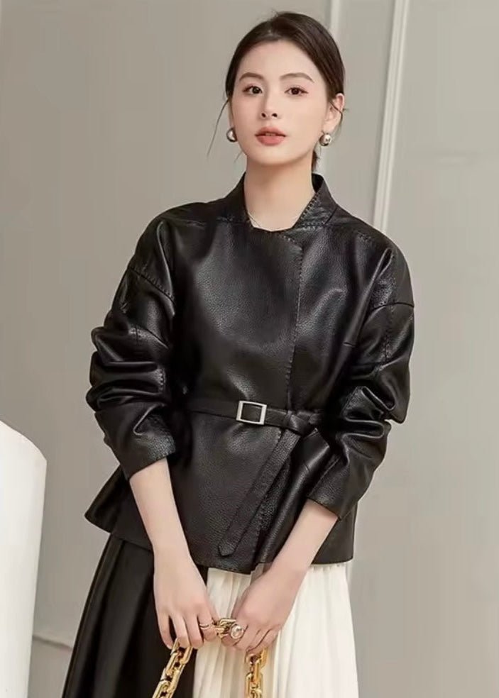 Black Belted Leather Jacket For Women - AR - Rehman Collection