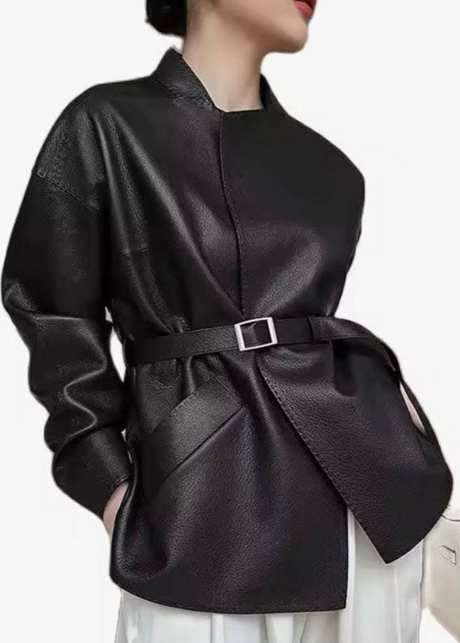 Black Belted Leather Jacket For Women - AR - Rehman Collection
