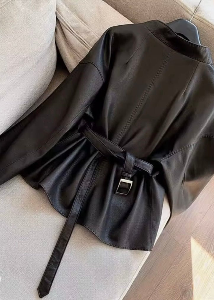 Black Belted Leather Jacket For Women - AR - Rehman Collection