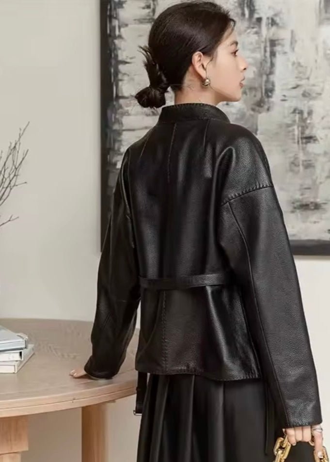 Black Belted Leather Jacket For Women - AR - Rehman Collection