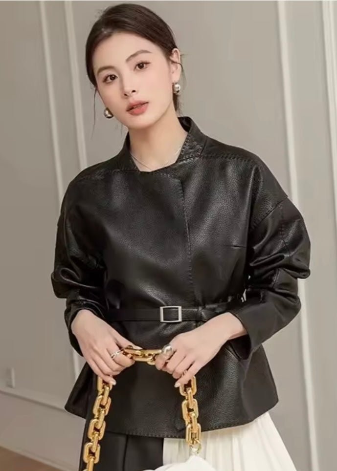 Black Belted Leather Jacket For Women - AR - Rehman Collection